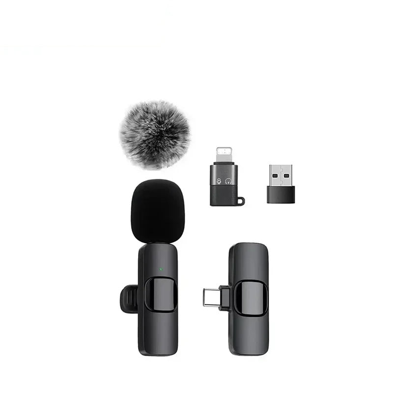 Wireless lavalier microphone with windscreen, receiver and two charging adapters