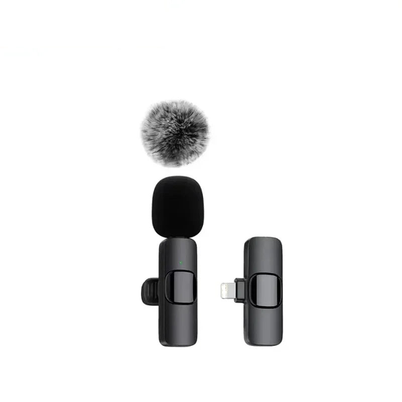 Single wireless lavalier microphone with fur windscreen and receiver on a white background
