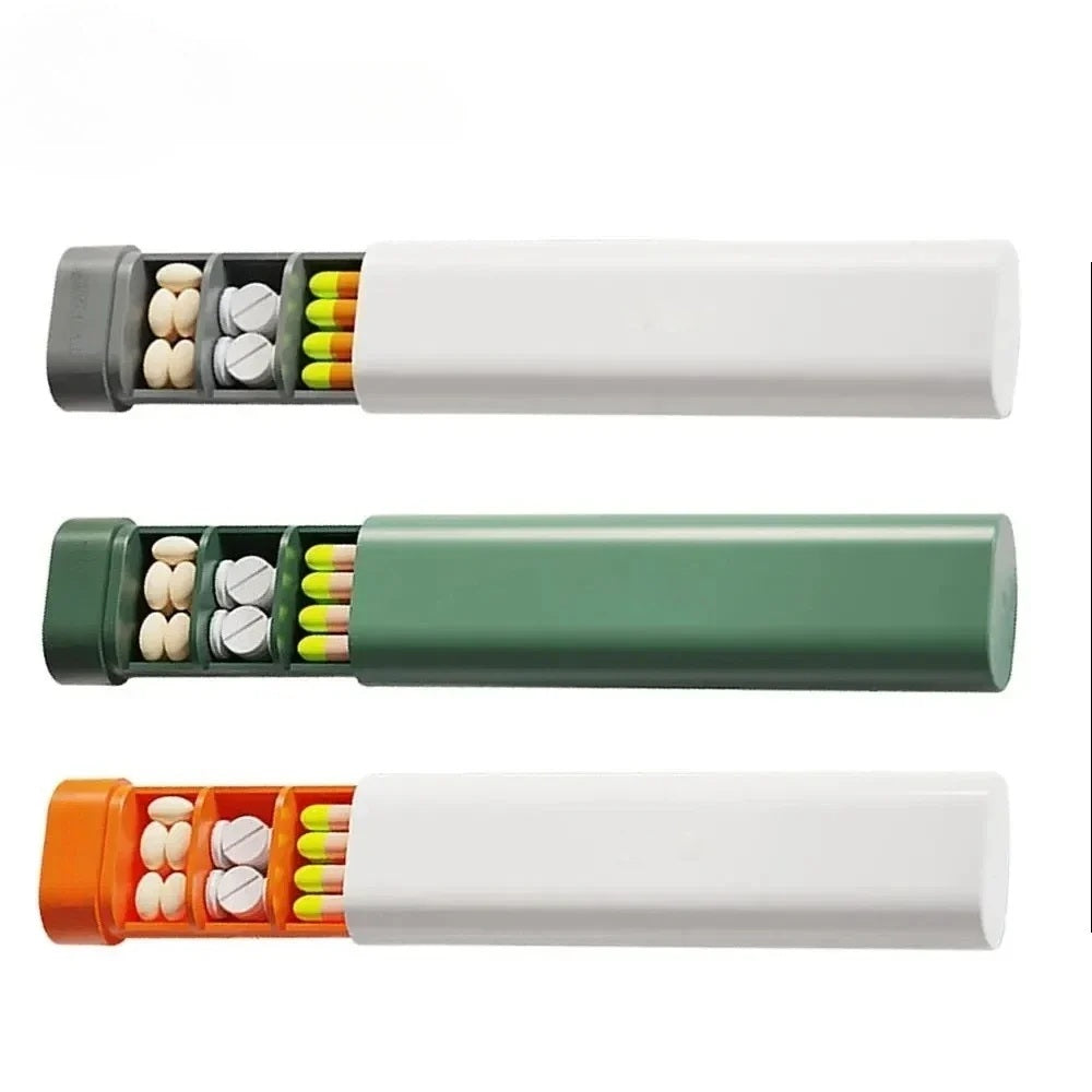 Weekly travel pill organizer in white, green and orange, seven daily compartments
