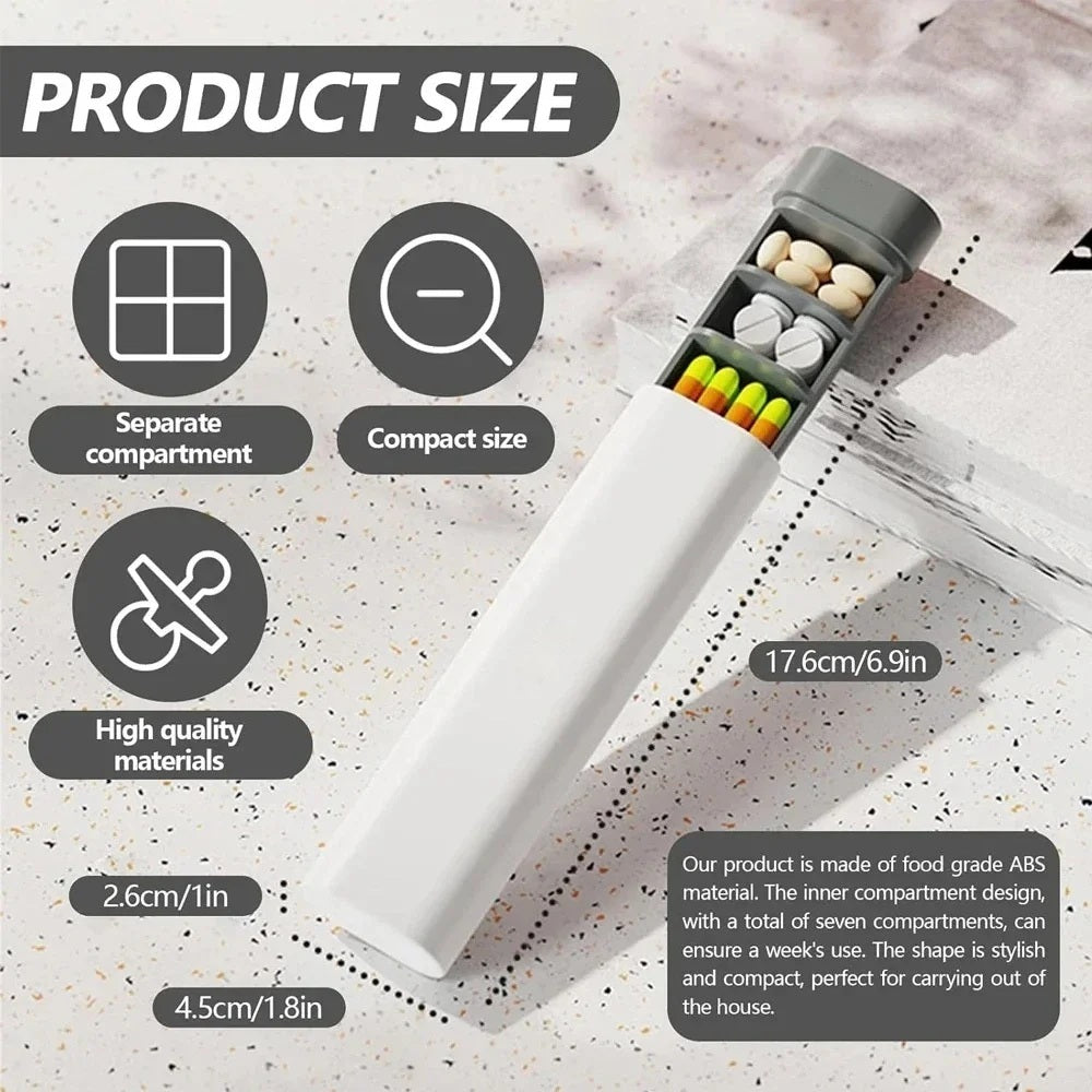 Pill organizer size guide showing 17.6 cm length and 2.6 cm width