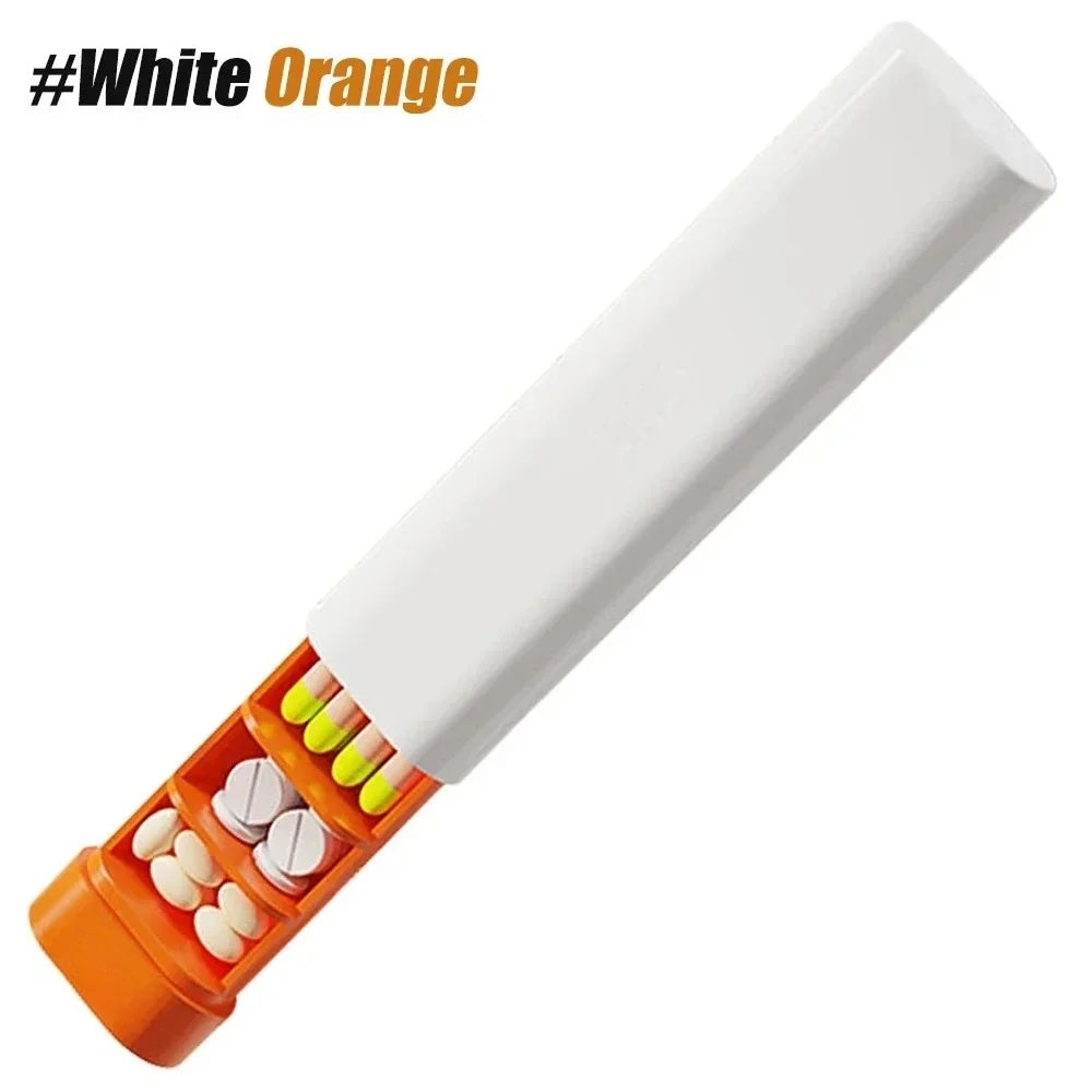 White and orange weekly pill organizer with pills in the open tray