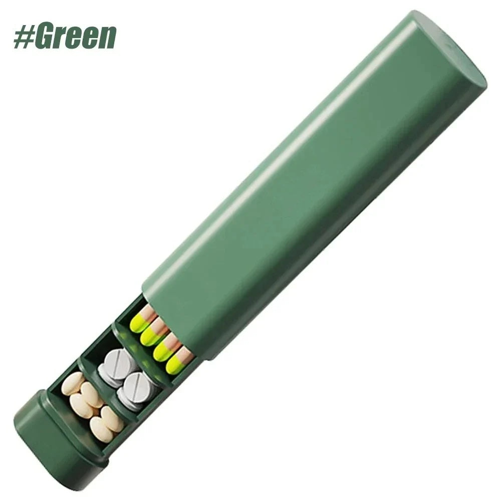 Green weekly pill organizer with pills in the open tray