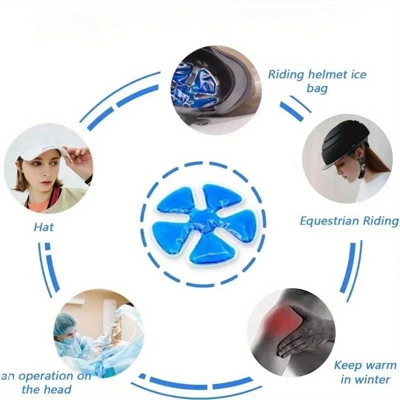 Blue gel ice pack uses diagram showing hat, riding helmet and cold therapy