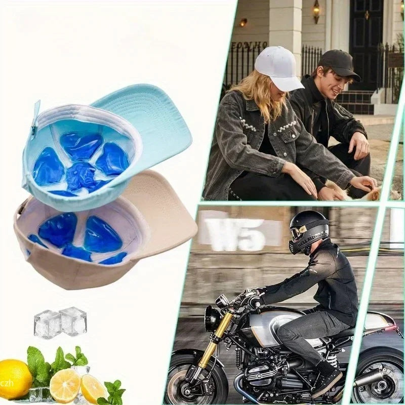 Blue gel ice pack with lifestyle photos of caps and a motorcycle rider