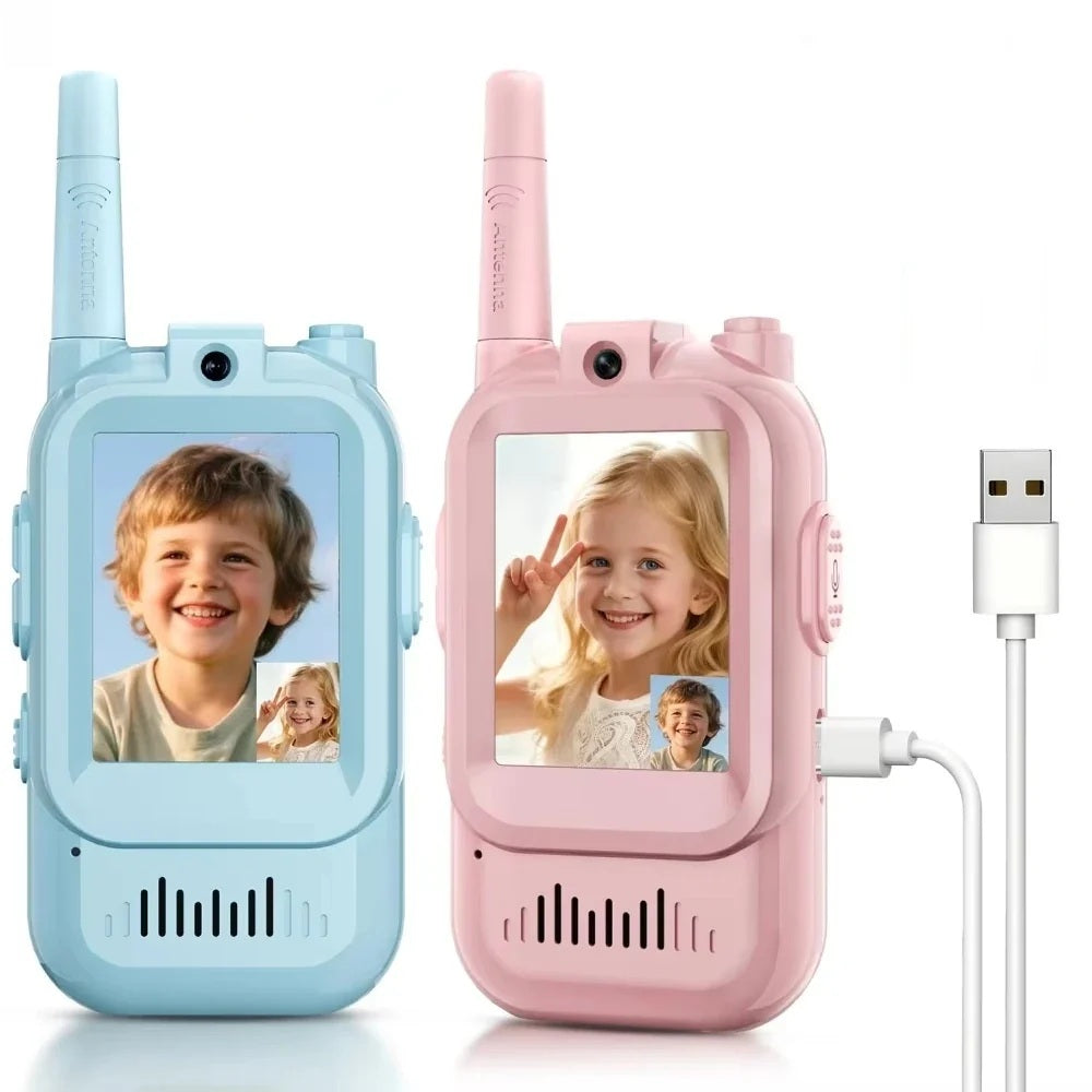 Blue and pink kids video walkie talkies with screens showing children
