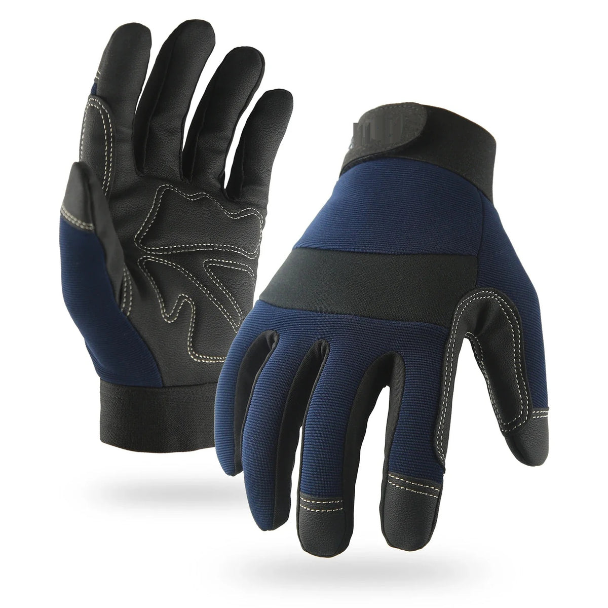 Pair of navy and black touchscreen work gloves shown palm and back on a white background
