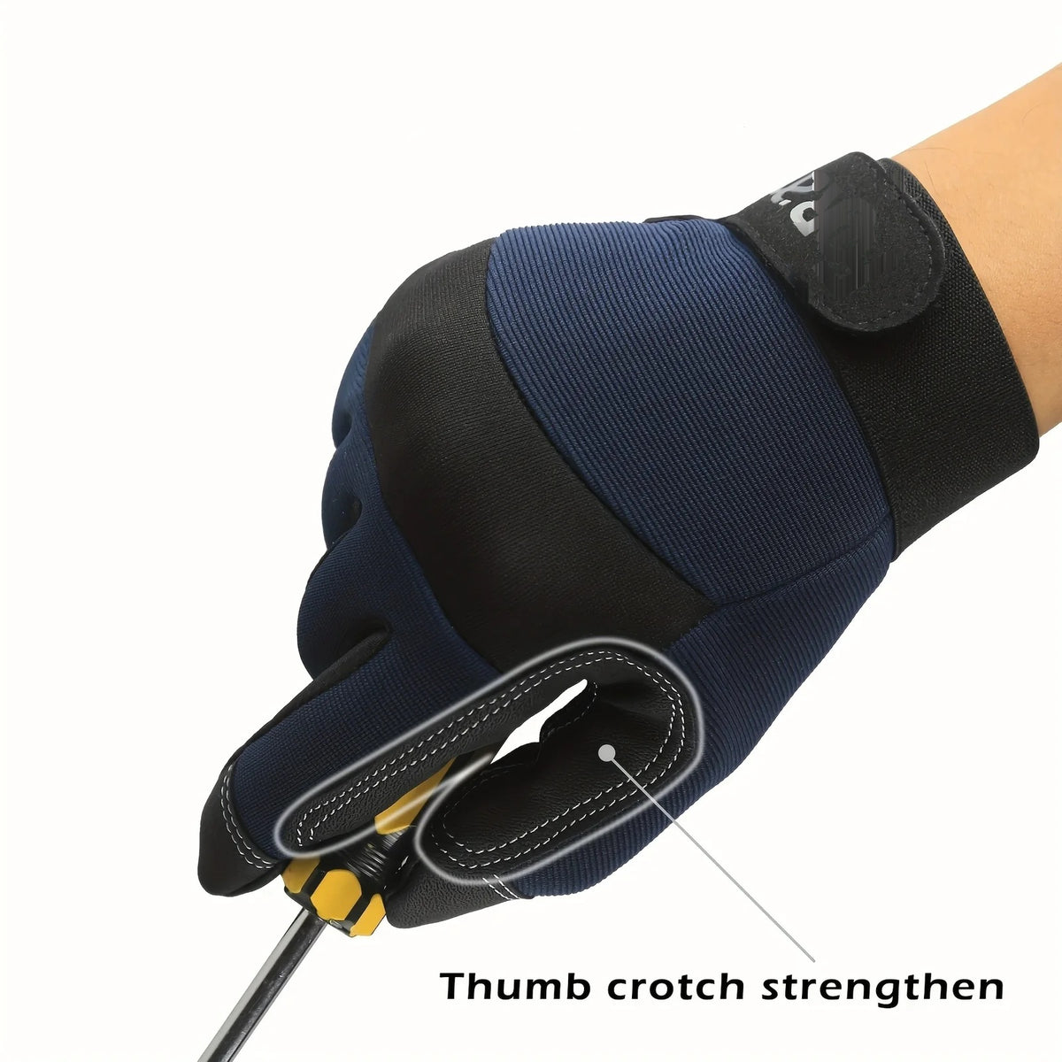 Close-up of a gloved hand gripping a tool, highlighting the reinforced thumb crotch