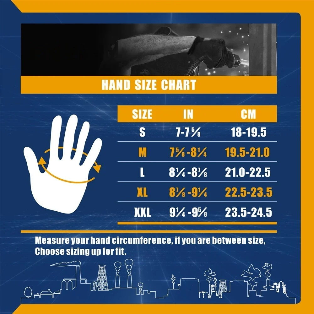 Hand size chart giving glove sizes S to XXL in inches and centimetres