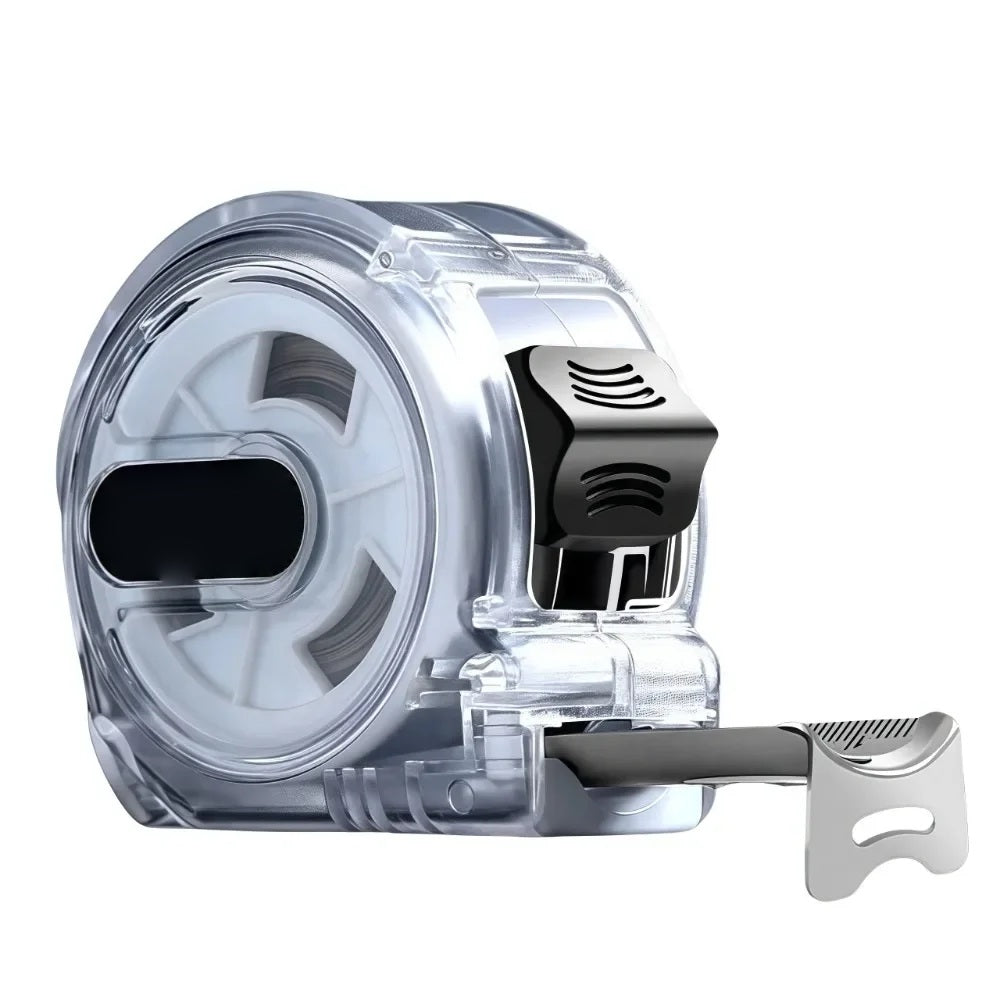 Close-up of the tape measure housing showing the blank front label