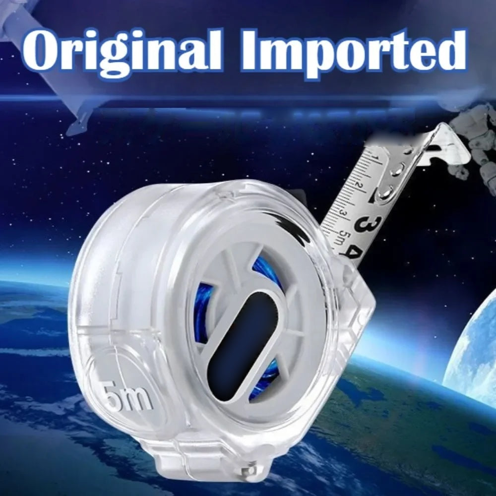 Tape measure with steel blade extended on a blue background