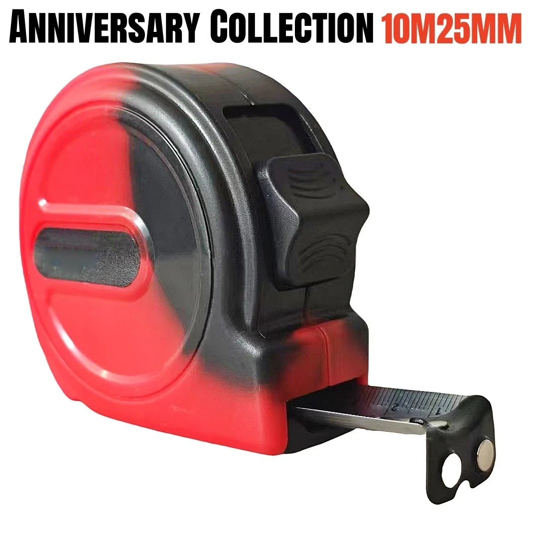 Red and black tape measure, anniversary collection 10m by 25mm