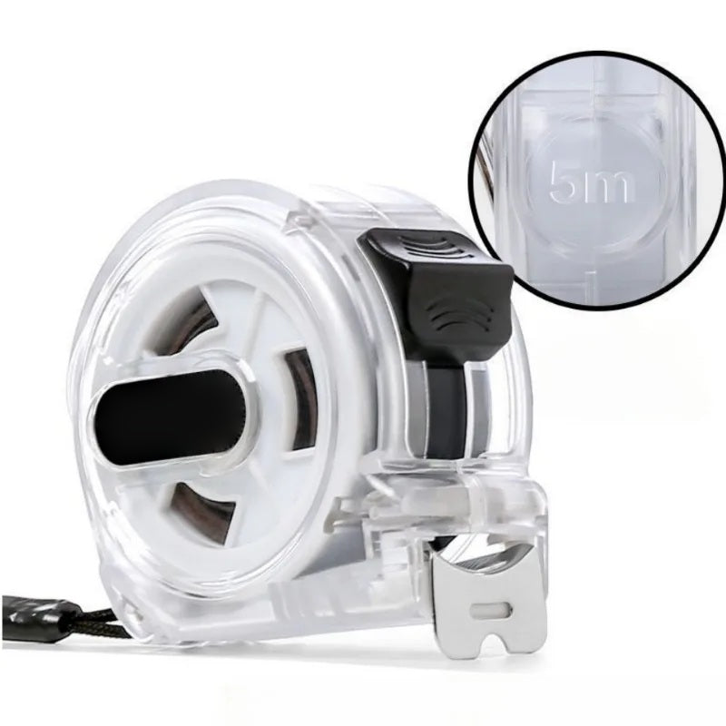 Transparent tape measure with detail inset on a white background