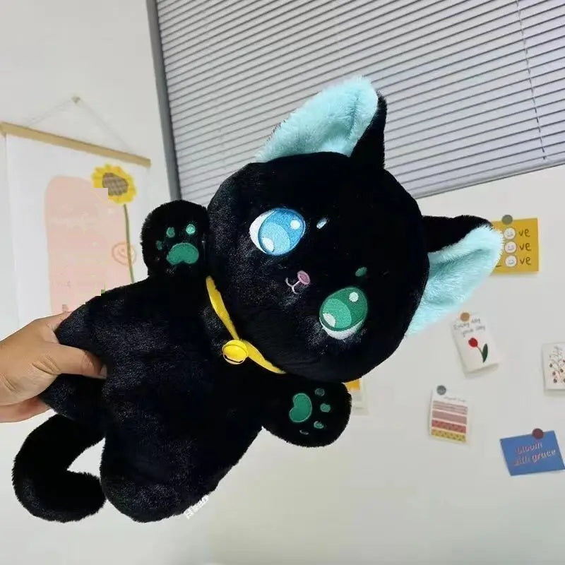 Black cat plush toy with mismatched blue and green eyes and a yellow bell collar, held up in a bedroom