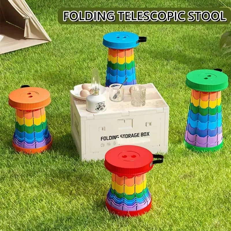 Rainbow folding telescopic stools on grass beside a storage box