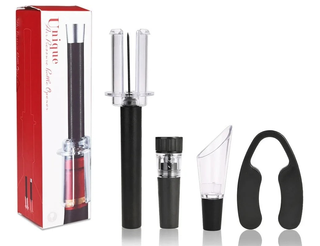 Air pump wine bottle opener set with retail box, pourer and stoppers
