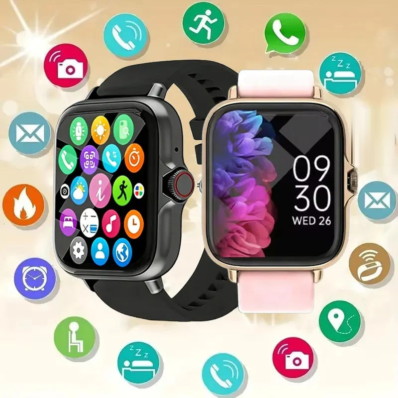 Smartwatch in black and rose gold shown with surrounding app feature icons