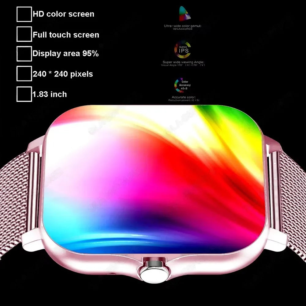 Smartwatch display specifications: HD colour screen, full touch, 240 x 240 pixels, 1.83 inch