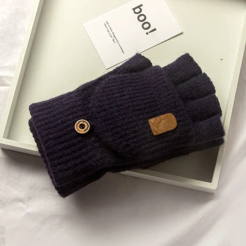 Navy knitted fingerless glove with fold-over mitten flap