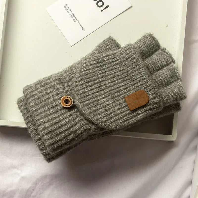 Light grey knitted fingerless glove with fold-over mitten flap