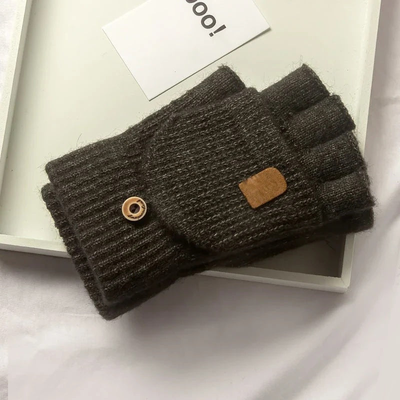 Dark grey knitted fingerless glove with fold-over mitten flap