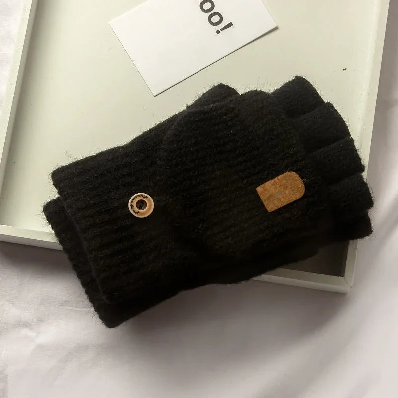 Black knitted fingerless glove with fold-over mitten flap