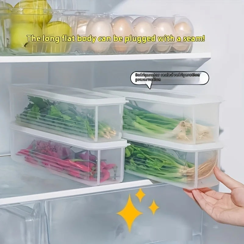 Transparent fridge storage boxes holding vegetables and eggs in a fridge