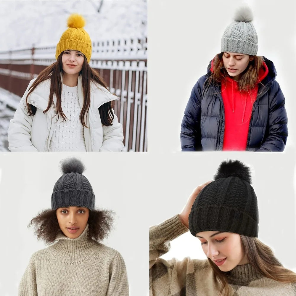 Four models wearing satin lined knitted winter beanies in different colours