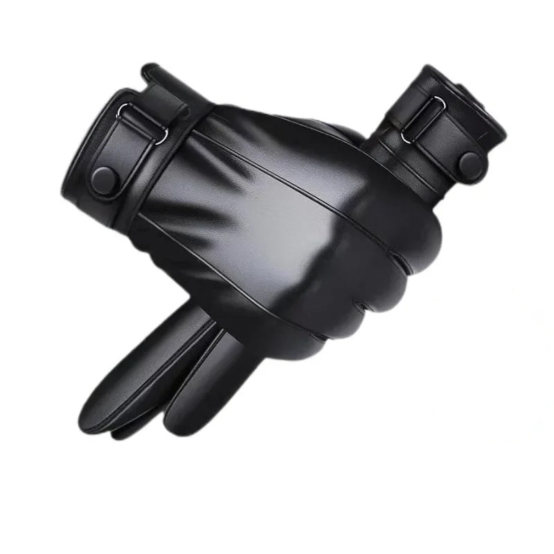 Black leather winter glove, front view on white background