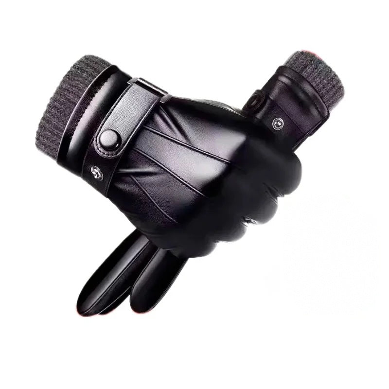 Black leather winter glove with grey knit cuff on white background