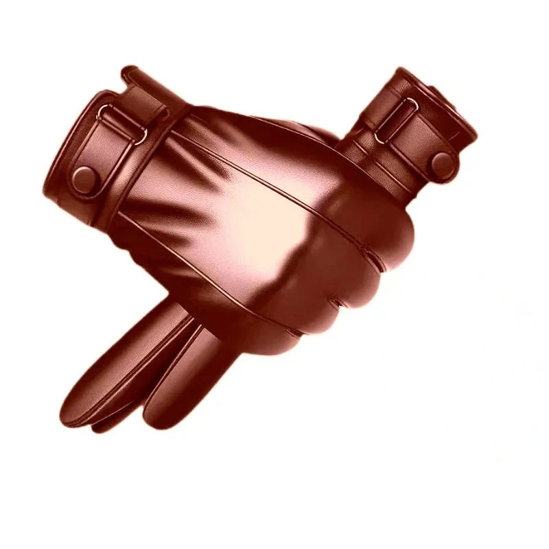Brown leather winter glove, front view on white background