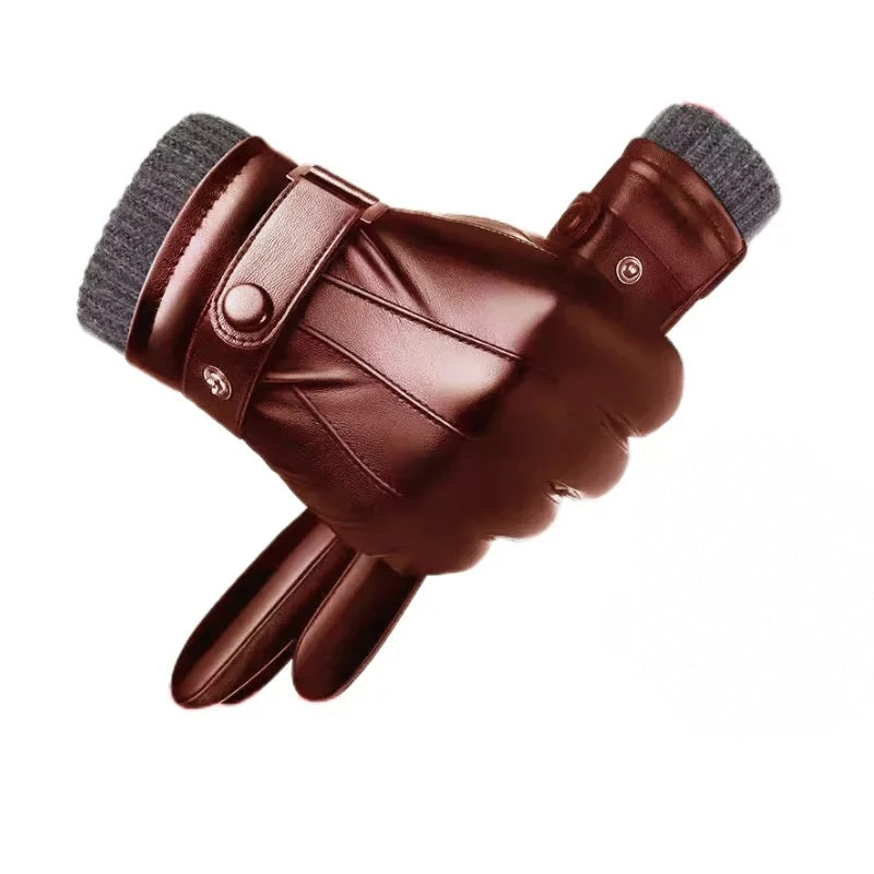 Brown leather winter glove with grey knit cuff on white background