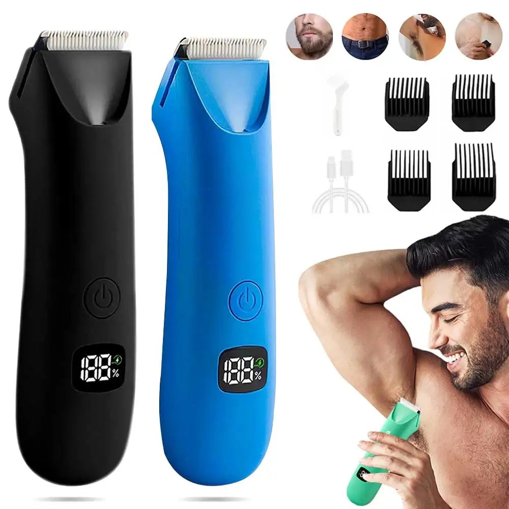 Black and blue body grooming trimmers with guide combs and accessories