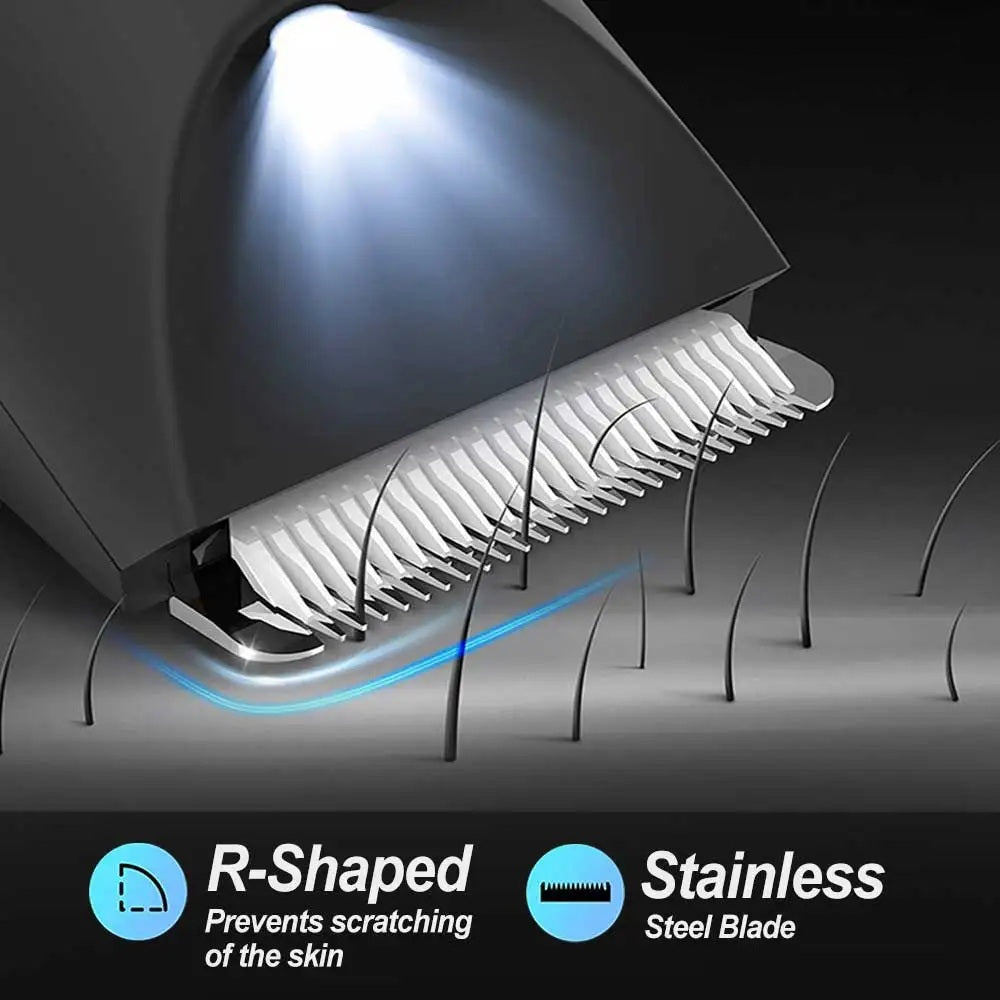 Close-up of the R-shaped stainless steel blade head