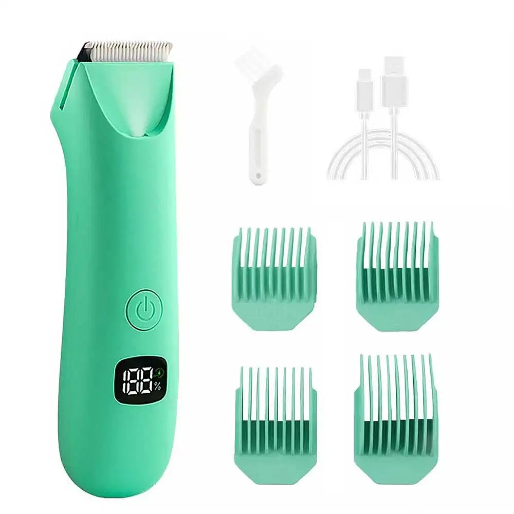 Green body trimmer with charging cable, brush and four guide combs