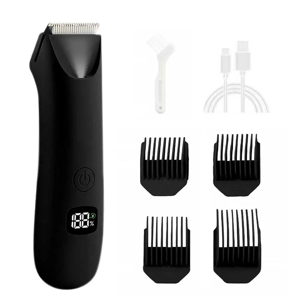 Black body trimmer with charging cable, brush and four guide combs