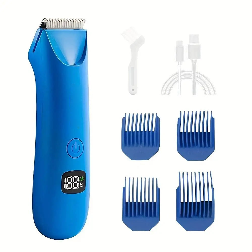 Blue body trimmer with charging cable, brush and four guide combs