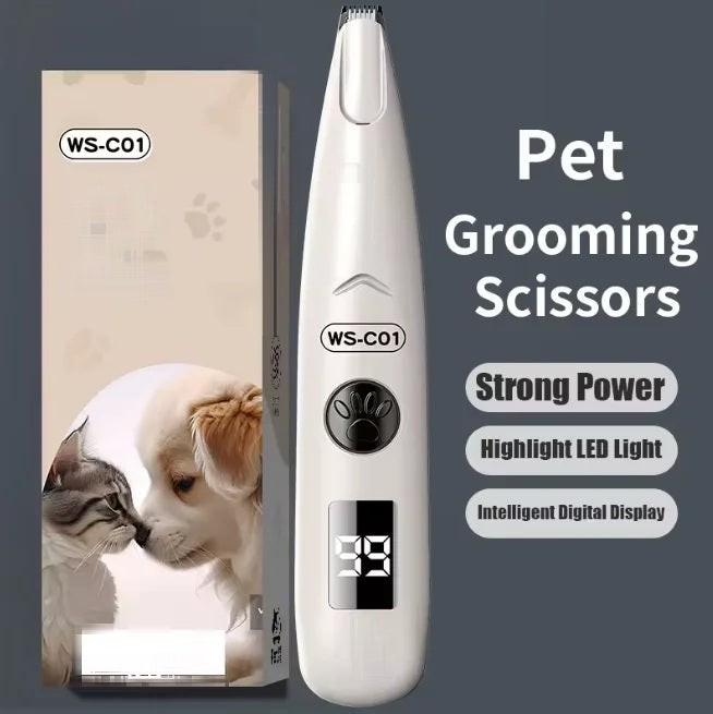 Pet grooming trimmer with retail box and feature list