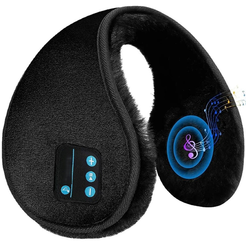 Black Bluetooth ear muffs shown at an angle with the blue control buttons visible