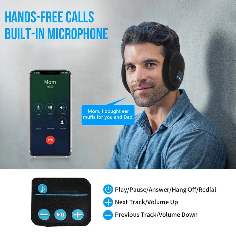 Man wearing the Bluetooth ear muffs taking a hands-free call, with a close-up of the button controls