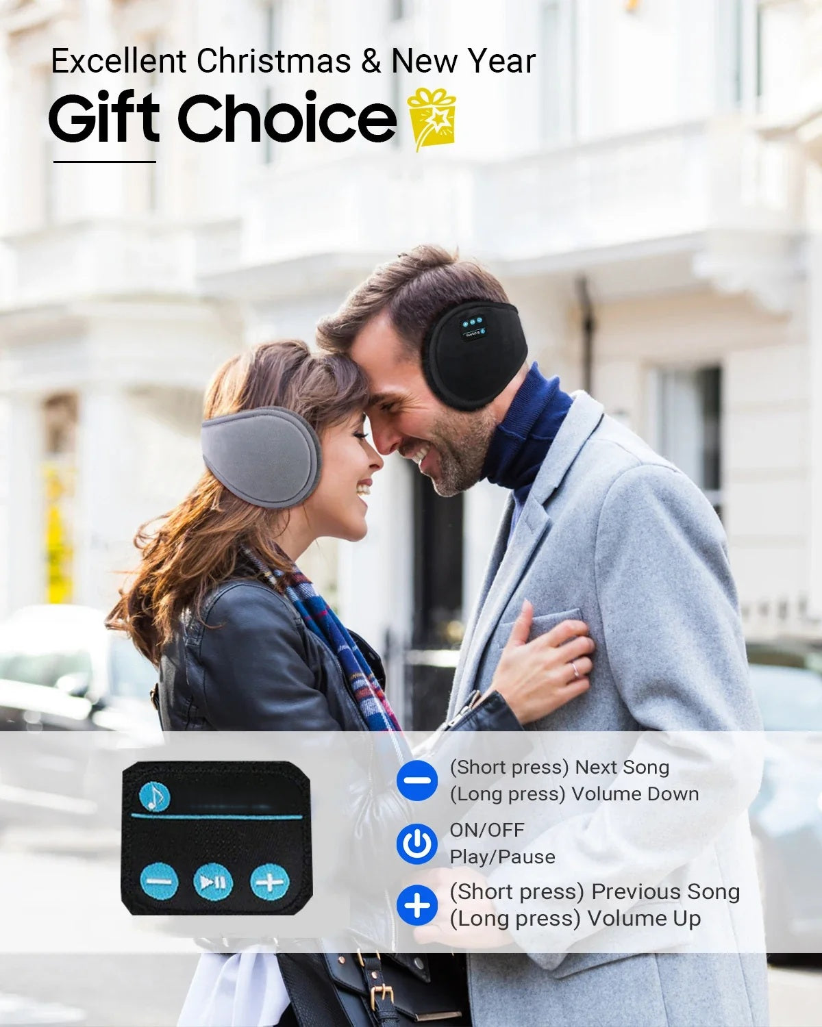 Couple outdoors wearing the ear muffs, with a labelled diagram of the button functions
