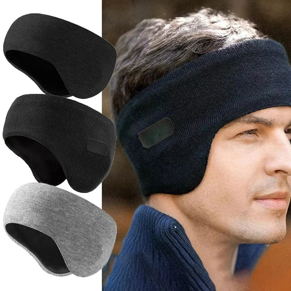 Padded knitted ear warmer headbands in black and grey with a man wearing one