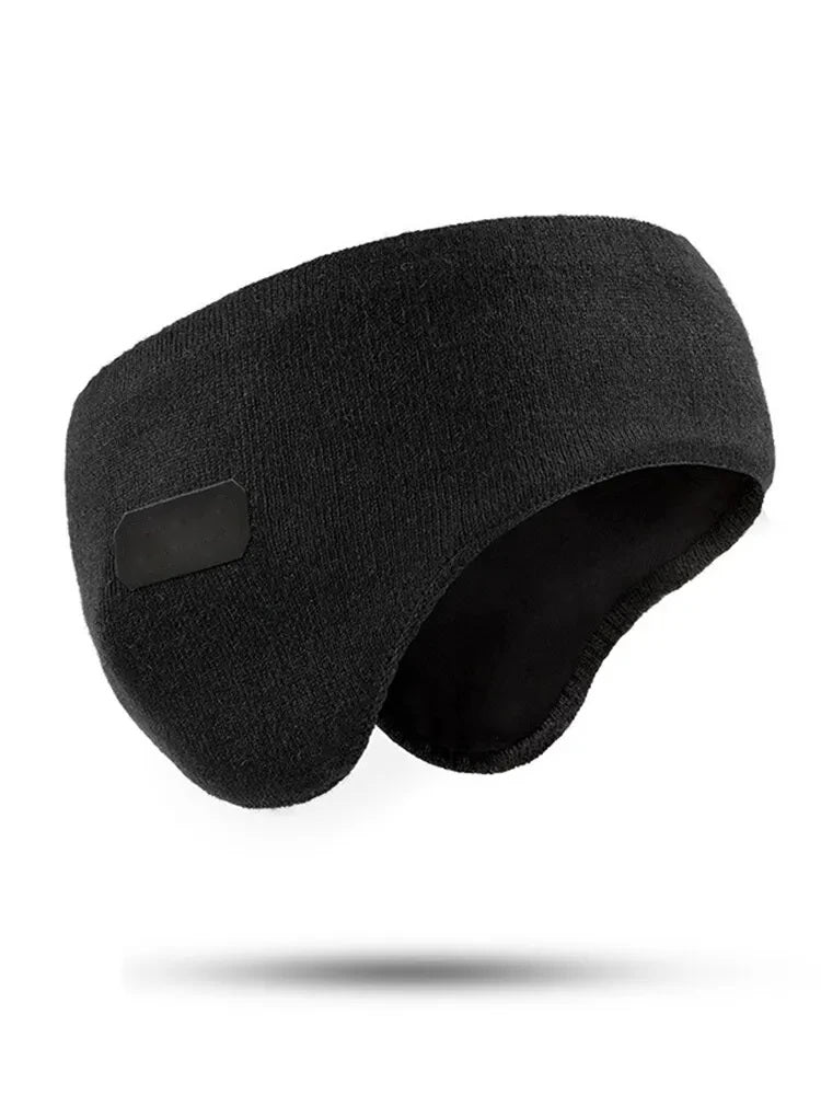 Black padded knitted ear warmer headband on a white background