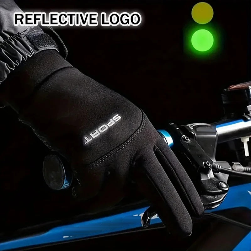 Insulated winter glove gripping a bicycle handlebar, reflective logo detail