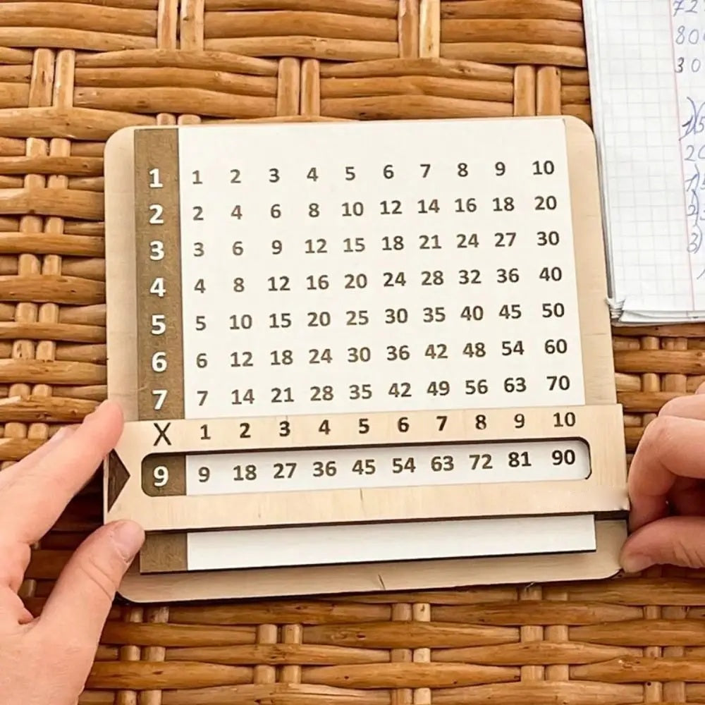 Child holding the wooden multiplication table board over a wicker basket