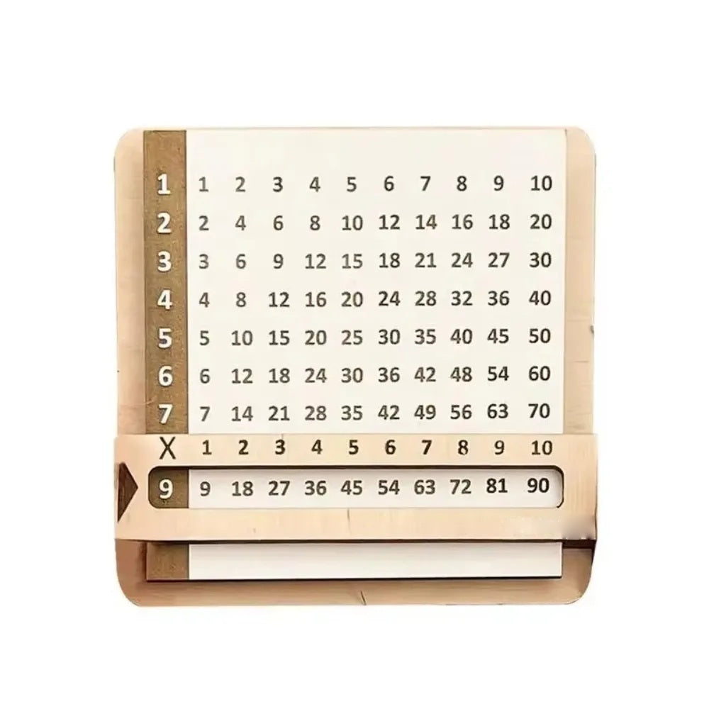 Wooden multiplication table board with sliding answer rails