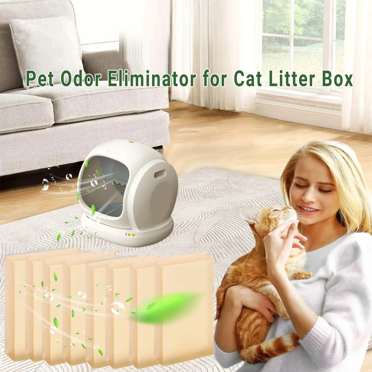 Cat litter box odour eliminator shown in a living room with a woman holding a cat