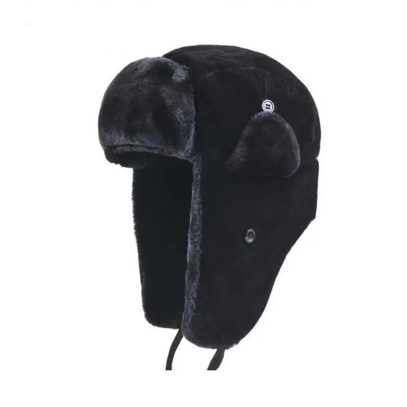 Black fur-lined bomber hat with ear flaps on a white background