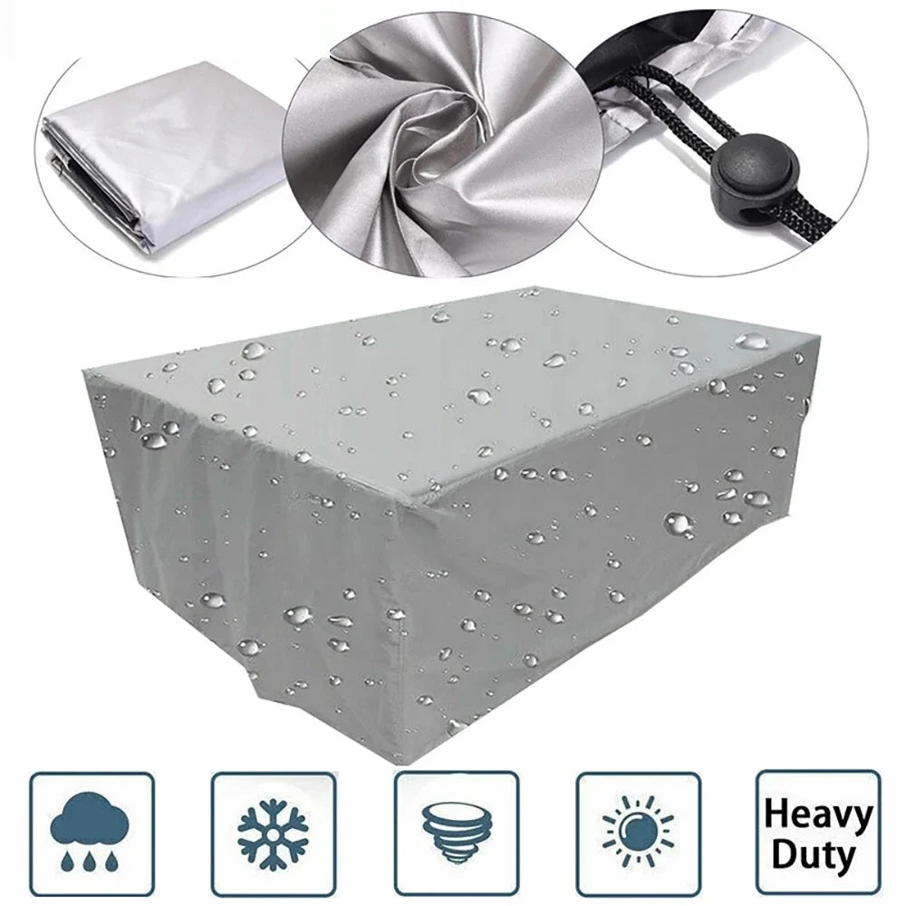 Grey waterproof garden furniture cover with water beading on the surface