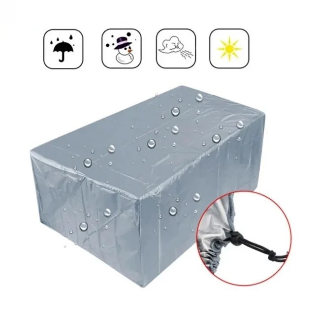 Waterproof garden furniture cover with drawstring hem and weather feature icons