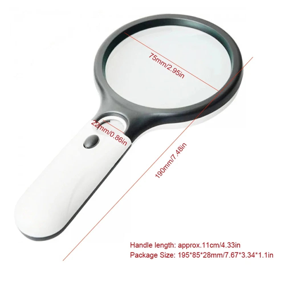 Magnifying glass on white with dimensions: 76mm lens, 190mm overall length